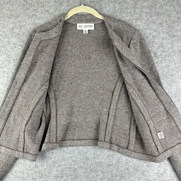 St John Sweater Wool Blend Cardigan Womens 8 Taupe Fleck Full Zip Beaded Blazer - Picture 11 of 16